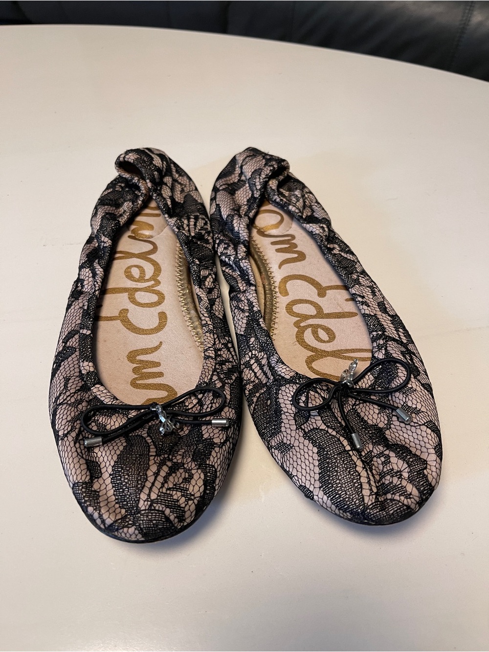 Sam Edelman Black Lace Bow Ballet Flats on Pink